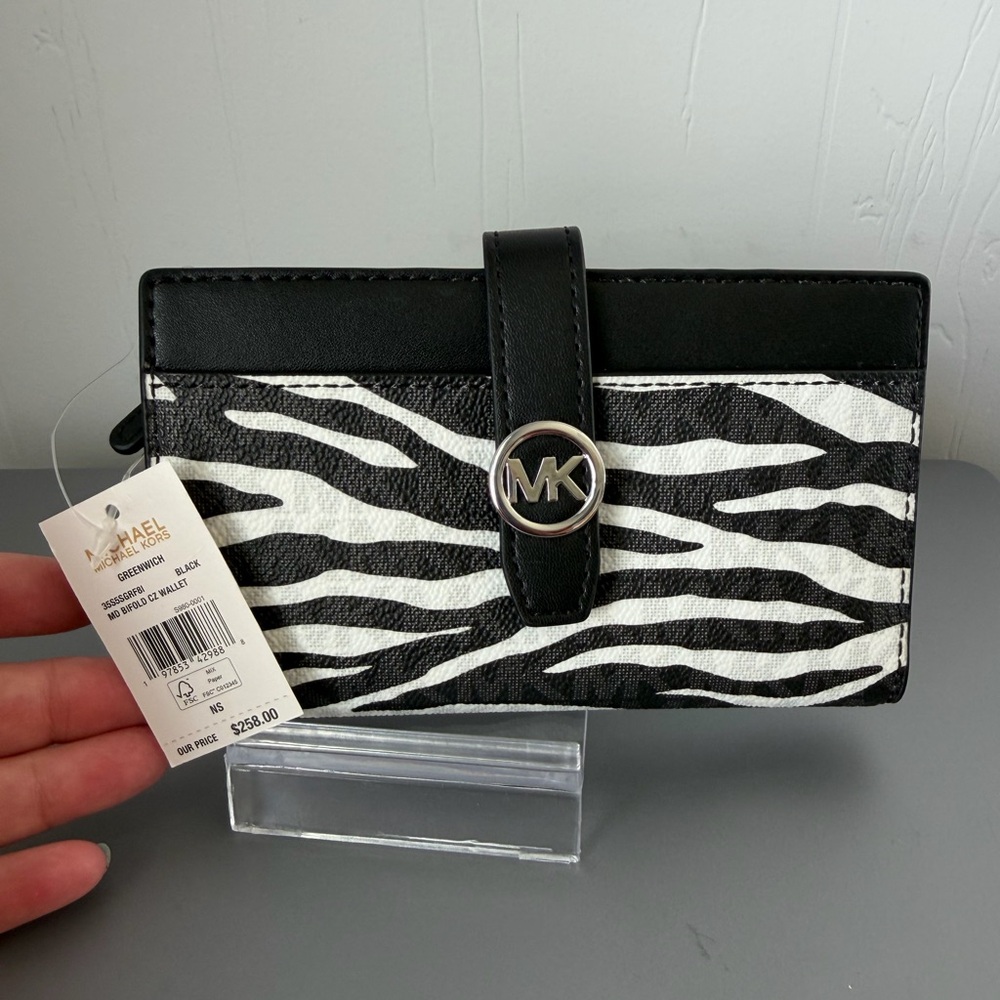 Michael Kors Black and White Zebra Continental Wallet with MK Snap